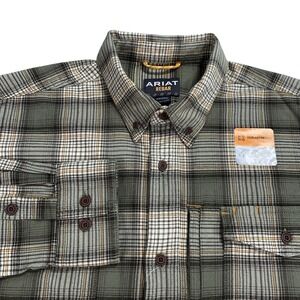 Ariat Rebar Mens Work Shirt Large Green Plaid Stretch Cotton NWT
